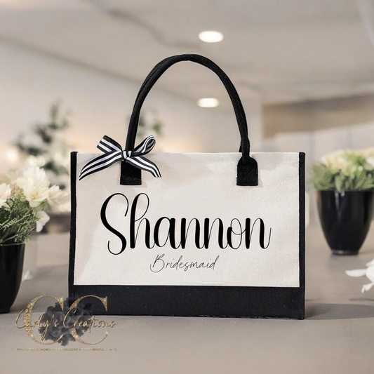 Personalised Bride/Bridesmaid black and cream tote bag